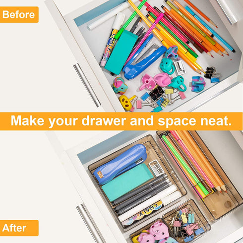 SMARTAKE 13-Piece Drawer Organizer with Non-Slip Silicone Pads, 5-Size Desk Drawer Organizer Trays Storage Tray for Makeup, Jewelries, Utensils in Bedroom Dresser, Office and Kitchen (Light Brown)