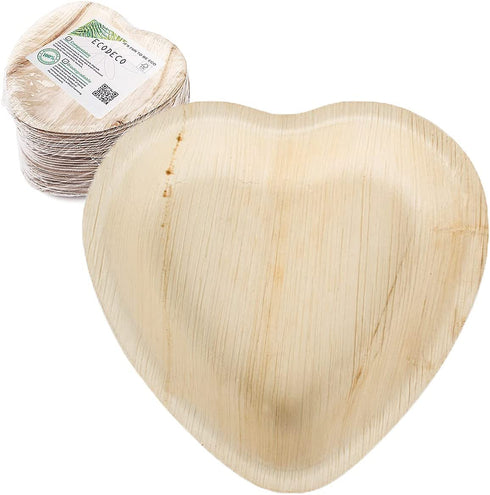 25 Compostable Heart Shaped Palm Leaf Plates - 6.5 Inch - Party Supplies Disposable Plates for Appetizer Cake Dessert
