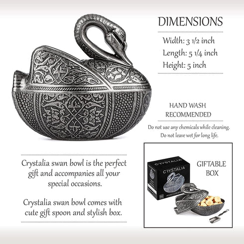 Antique Candy Serving Bowl with Lid, Authentic Fancy Sugar Bowl, Ottoman Style Metal Swan Turkish Delight Serving Dish, Silver Decorative Centerpieces Dish (Antique Silver)