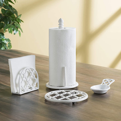 Home Basics Lattice Collection Cast Iron Paper Towel Holder (White)