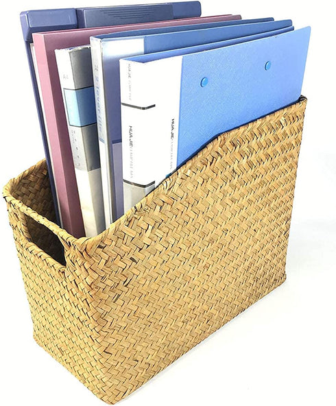 MISNINE Multifunction Basket Magzine Book Holder Basket,Handwoven Seagrass Rustic Home Décor (Small)