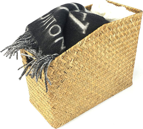 MISNINE Multifunction Basket Magzine Book Holder Basket,Handwoven Seagrass Rustic Home Décor (Small)