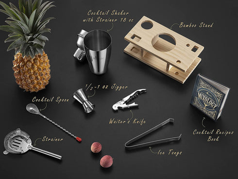 ROCKSLY Mixology Bartender Kit and Cocktail Shaker Set for Drink Mixing | Mixology Set with 6 Bar Set Tools and Pinewood Stand Makes It the Perfect Home Cocktail Kit | Complete Bartender Kit (Silver)
