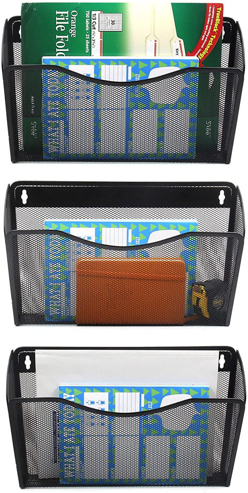 EasyPAG Hanging File Organizer Mesh 3 Single Pockets Wall File Holder Office Document Magazine Folder Rack ,Black