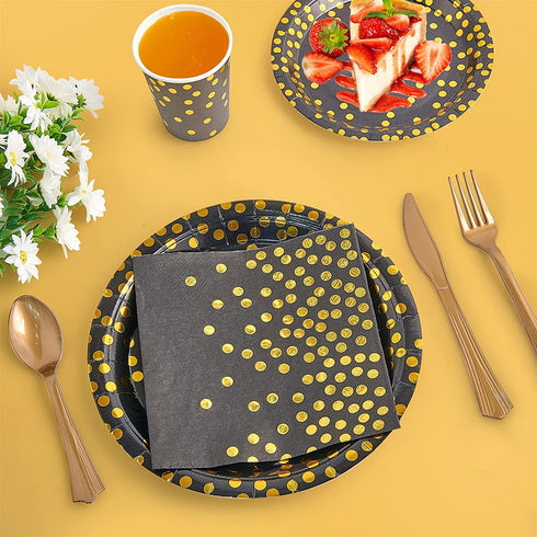 FOCUSLINE Black and Gold Party Supplies 210 PCS Paper Party Dinnerware 30 Guests - Disposable Black Paper Plates Napkins Cups & Gold Plastic Forks Knives Spoons for Graduation, Birthday, Wedding