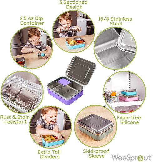 WeeSprout 18/8 Stainless Steel Bento Box (Compact Lunch Box) - 3 Compartment Metal Lunch Containers, Skid-proof Silicone Sleeve, for Kids & Adults, Bonus Dip Container, Fits in Lunch Bag & Backpack