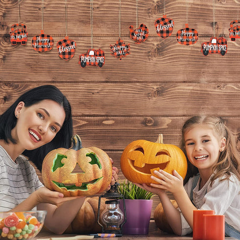 24 Pieces Thanksgiving Buffalo Plaid Ornament Wooden Hanging Sign Hanging Wishes Craft for Fall Harvest Wall Decoration 6 Styles Pumpkin Turkey Truck (Orange and Black) (Orange and Black, 24)