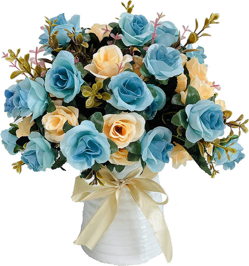 LY EMMET Artificial Rose Bouquets with Ceramics Vase Fake Rose Flowers Decoration for Table Home Office Wedding-Blue