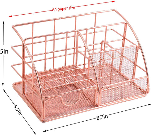 Rose Gold Desk Organizer for Women, AUPSEN Mesh Office Supplies Desk Accessories, Features 5 Compartments + 1 Mini Sliding Drawer