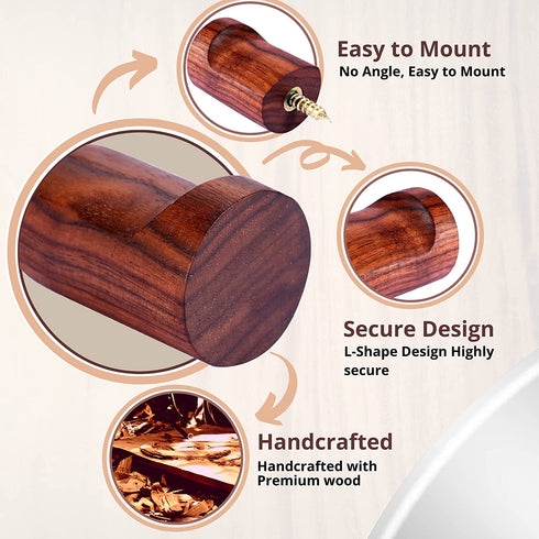 Upsole 6 Pack Walnut Wood Coat Hooks - Wooden Wall Hooks for Home and Office - Decorative Wall Mounted Hat Hooks and Hanging Washroom Towels Garments Wood Towel Hook