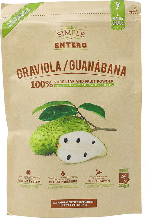 Simple y Entero Graviola / Guanabana, 100% Pure Leaf Powder, Helps You Boost Your Immune System, Vegan, 8 Oz, Bag