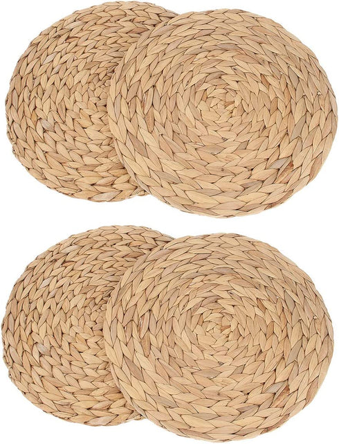 kilofly Natural Water Hyacinth Weave Placemat Round Braided Rattan Tablemats 13.5 inch x 4pc