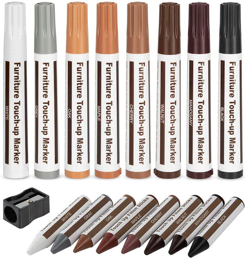 Escest Furniture Touch Up Repair 17Pc Set, Markers and Filler Sticks, Scratches Restore Kit, 8 Felt Tip Markers, 8 Filler Wax Sticks Crayons, 1 Sharpener, Fixing Wood Floors, Tables, Desks, Chairs