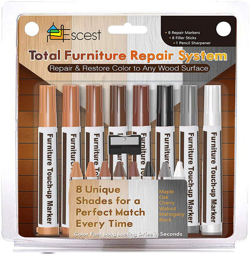 Escest Furniture Touch Up Repair 17Pc Set, Markers and Filler Sticks, Scratches Restore Kit, 8 Felt Tip Markers, 8 Filler Wax Sticks Crayons, 1 Sharpener, Fixing Wood Floors, Tables, Desks, Chairs