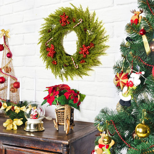 YoleShy Pre-lit Christmas Wreath for Front Door with Hanger 18" Battery Operated Christmas Wreath with Lights Red Berry Pine Cone Candy Cane, Christmas Decorations for Window, Wall Decor, Fireplace