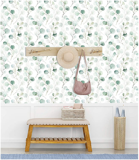 HaokHome 93044 Peel and Stick Wallpaper Green/White Eucalyptus Leaf Wall Mural Home Nursery Decor 17.7in x 9.8ft