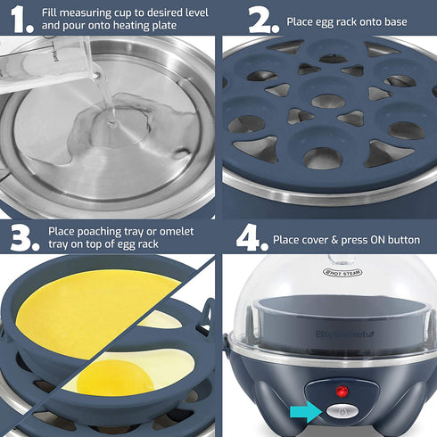 Elite Gourmet EGC007BG Rapid Egg Cooker, 7 Easy-To-Peel, Hard, Medium, Soft Boiled Eggs, Poacher, Omelet Maker, Auto Shut-Off, Alarm, 16-Recipe Booklet, BPA-Free, Slate Blue