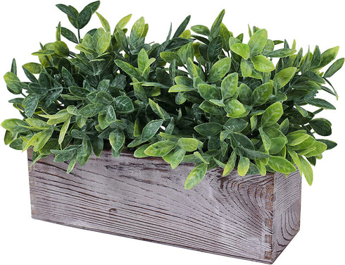 Artificial Grey Green Eucalyptus Plant in Rustic Rectangular Wooden Planter Box Faux Potted Herb Plant Greenery Arrangement for Farmhouse Indoor Wedding Table Centerpiece Mantel Shelf Kitchen Decor