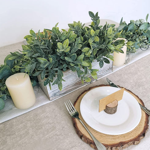 Artificial Grey Green Eucalyptus Plant in Rustic Rectangular Wooden Planter Box Faux Potted Herb Plant Greenery Arrangement for Farmhouse Indoor Wedding Table Centerpiece Mantel Shelf Kitchen Decor