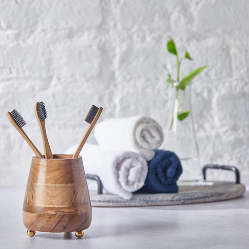 Folkulture Toothbrush Holder for Bathroom, Tooth Brushing Holder for Bathrooms, Modern Wooden Holder for Tooth Brushes and Toothpaste, Acacia Wood, 4 x 3 Inches, Natural Finish