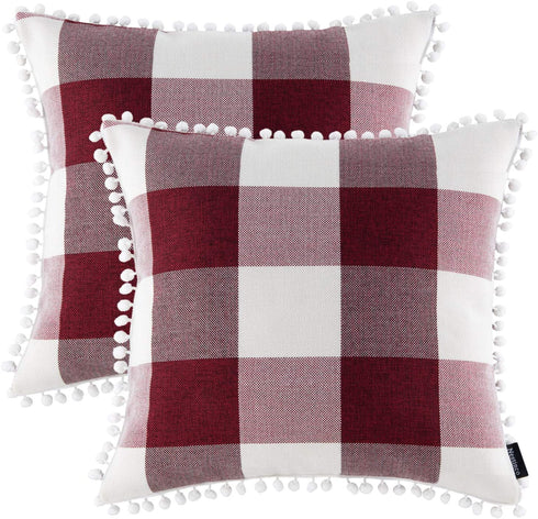 Set of 2 Red and White Buffalo Check Valentine Pillow Covers with Pom Pom Embellished 18 x 18 inches for Valentines Day Decoration