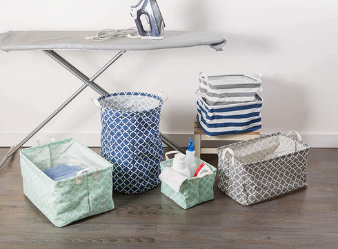 DII Laundry Storage Collection PE Coated Collapsible Cotton/Polyester Bin w/Handles, Large Set, 10.5x17.5x10, Gray Lattice, 2 Piece