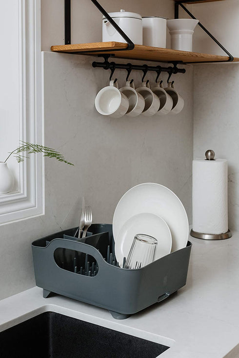 Umbra Tub Dish Drying Rack Lightweight Self-Draining Dish Rack for Kitchen Sink and Counter at Home, RV or Motorhome, Charcoal