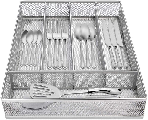 Flatware Tray Utensil Drawer Organizer Kitchen Utensil Cutlery Tray Mesh Designing with Foam Feet Multi Compartments Keep Desk Drawer and Office Supplies Well Organized (Silver)