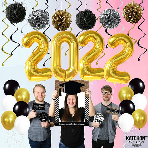 Gold 2022 Balloons Numbers Set - 40 Inch, Hanging Swirls and Pompoms | Graduation Party Decorations 2022 | Black and Gold Graduation Decorations 2022 | Graduation Balloons, Class of 2022 Decorations