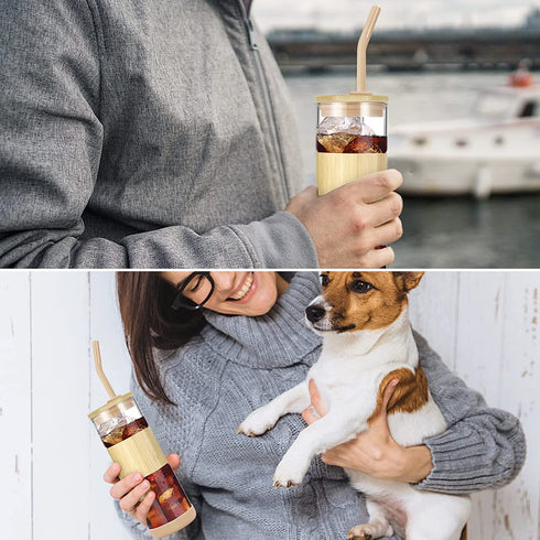 tronco Glass Tumbler with Bamboo Lid and Straw,20OZ Reusable Iced Coffee Cup With Bamboo Sleeve,Smoothie Cups,Clear Glass Travel Water Bottle,Spill Proof