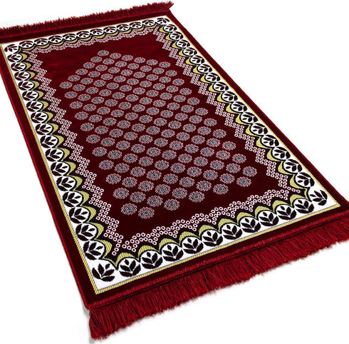 Modefa Prayer Rug Free Prayer Cap & Beads - Thin Velvet Namaz Sajadah Janamaz Floral Daisy Arch (Red)