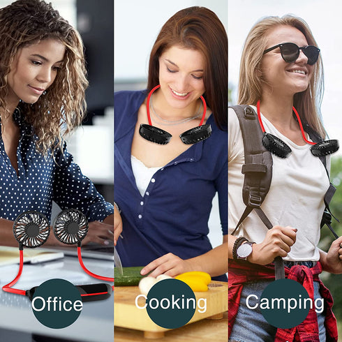 (2022 Upgraded) Hands Free Portable Neck Fan - Rechargeable Mini USB Personal Fan Battery Operated with 3 Level Air Flow, 7 LED lights for Home Office Travel Indoor Outdoor (NEW- BLACK+RED)
