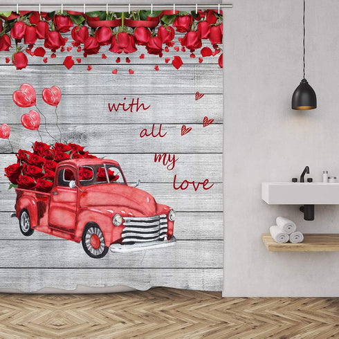 Valentine's Day Shower Curtain, Car Filled with Red Roses and Love Balloon Waterproof Shower Curtain with 12 Hooks for Bathroom Valentine's Day