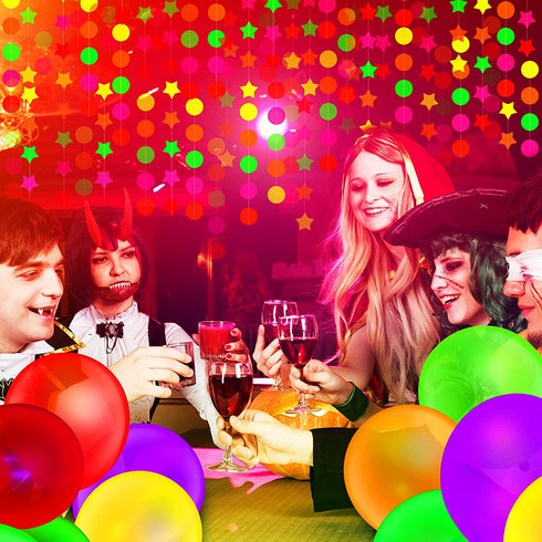 100 Pieces UV Neon Glow Balloons and 53 ft Neon Streamers Paper Glow Party Garland Hanging Decorations for Birthday, Christmas, Wedding, Black Light Party Supplies (Classic Style)