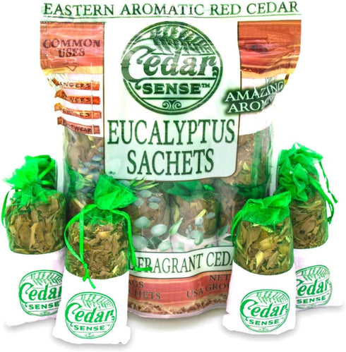 Cedar Sense - Eucalyptus Scented Cedar Sachets 8 Pack Essential Oil Infused Cedar Chips Car Air Freshener Closet Freshener Potpourri Bags Air Fresheners Sachets for Drawers