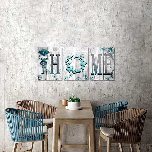 Welmeco Rustic Teal Blue Home Canvas Wall Art Home Sweet Home Butterfly with Dandelion Flowers Picture Prints Framed Artwork for Living Room Bedroom Kitchen Decoration