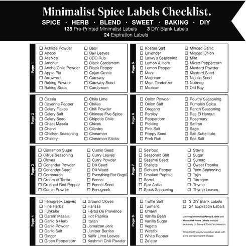 162 Minimalist Spice Jar Labels - Preprinted Spice Stickers - Black Text on White Waterproof Label - Fits Round Bamboo Jars or Rectangular Spice Jars - Herb Seasoning Kitchen Pantry Labels Stickers