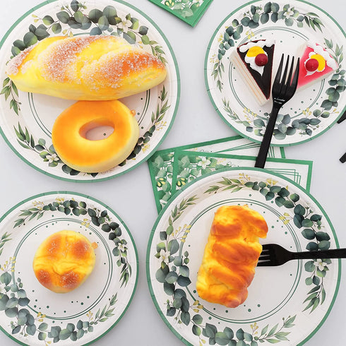 96 Pieces Sage Greenery Party Tableware Set Jungle Theme Party Table Decorations Supplies Bridal Baby Shower Safari Birthday Wedding Paper Plates Napkins Forks for 24 Guests