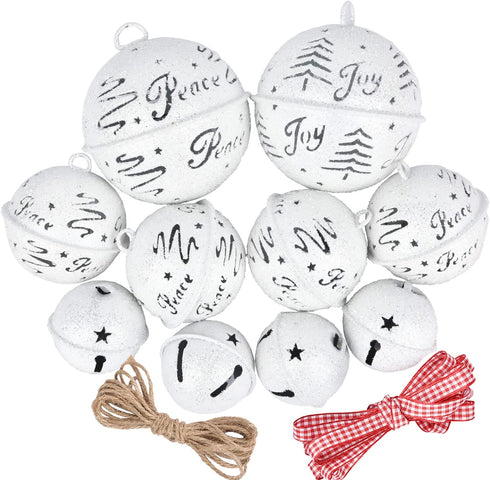 DearHouse 10 Pcs Big Christmas Jingle Bells, 2Inch-3.6Inch White Glitter Christmas Metal Sleigh Bells Rustic Craft Bells for Christmas Tree Wreath Garland Ornaments Holiday DIY Decorations