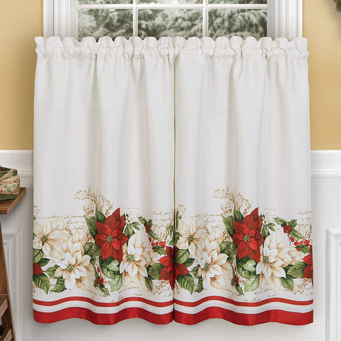 Red and White Poinsettia Elegant Holiday Christmas Kitchen/Caf© and Bath Tiers and Valance, 3 Piece Set