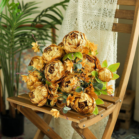 Nubry 2pcs Artificial Peony Silk Flowers Bouquet for Wedding Home Garden Decoration (Gold)
