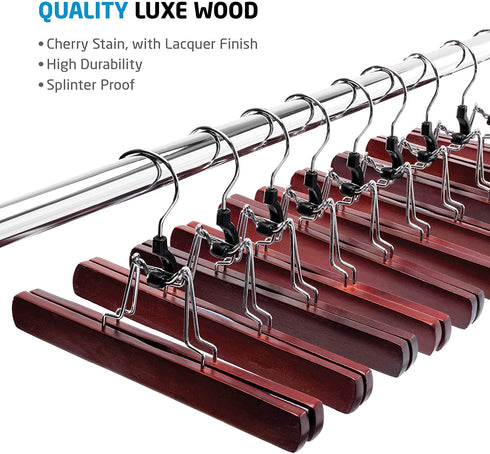 High-Grade Wooden Pants Hangers with Clips 10 Pack Non Slip Skirt Hangers, Smooth Finish Solid Wood Jeans/Slack Hanger with 360° Swivel Hook - Pants Clip Hangers for Skirts, Slacks - Clamp Hangers