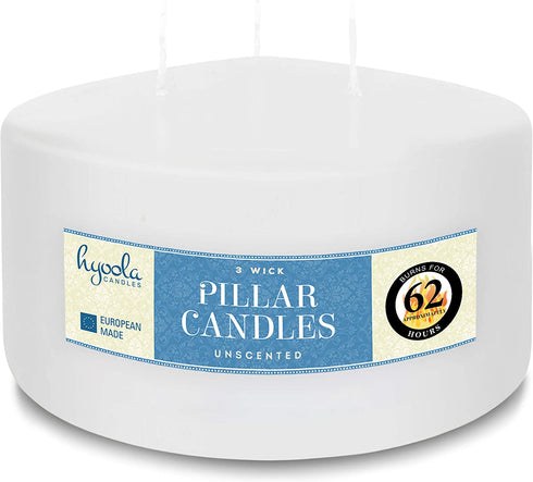 Hyoola White Three Wick Large Candle - 6 x 3 Inch - Unscented Big Pillar Candles - 62 Hour - European Made