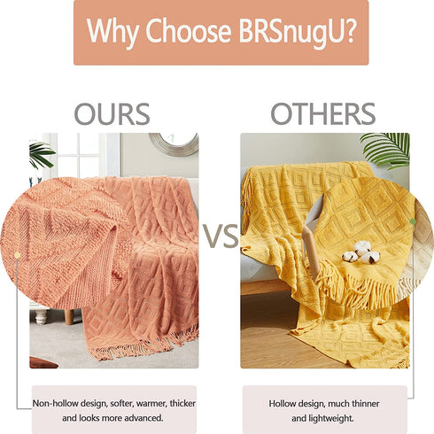 BRSnugU Throw Blanket for Couch,Warm & Cozy Fluffy Acrylic Knitted Bed Throws with Tassels for Sofa,Decor,Travel,All Seasons Suitable for Adults and Kids,50"x60",Coral