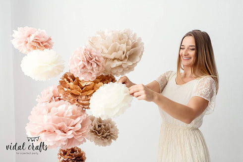 Vidal Crafts 20 PCS Dusty Pink, Rose Gold, Ivory, Pastel Grey, Tissue Paper Pom Poms Kit, 14", 10", 8", 6", Tissue Paper Flowers for Wedding, Birthday, Bridal Shower, Bachelorette, Baby Shower D©cor