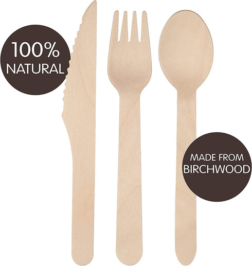 Greenly Wood 200 Pack Disposable Wooden Utensils Set | All Natural Birchwood Biodegradable Compostable Cutlery (100 Forks, 50 Spoons, 50 Knives)