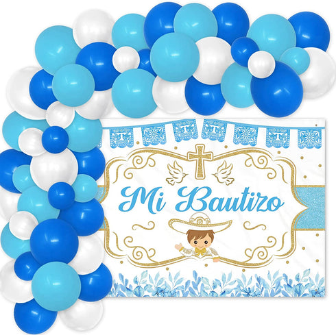 78PCS Mi Bautizo Banner Backdrop Blue Balloons Garland Kit for He God Bless Baby Boy Baptism Party Decorations First Communion Decor Christening Celebration Accessories Gender Photo Background Ideas
