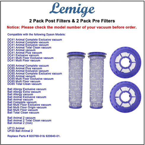 Lemige 2 Pack Post Filters & 2 Pack Pre Filters Replacement for Dyson DC65 DC66 DC41 UP13 UP20 Animal, Multi Floor and Ball Vacuums, Compare to Part #920769-01&920640-01