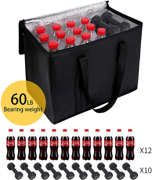 2-Pack, XL-Large Insulated Grocery shopping bags, Black, reusable bag,thermal zipper,Collapsible,tote,cooler,food transport hot and cold,for instacart,camping,Recycled Material delivery groceries