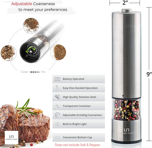 Electric Pepper Grinder or Salt Grinder - Battery Operated Stainless Steel Pepper Mill with Light - One Handed Operation - Adjustable Ceramic Grinder